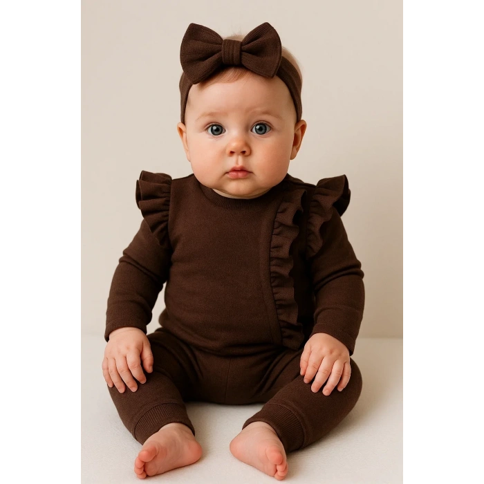 Orkide Büzgü Detaylı 3 Parça Kız Bebek Takımı %100 Pamuk