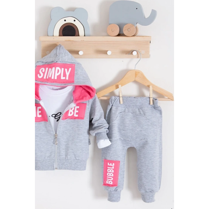 Simply Desenli Kapişonlu 3lü Kız Bebek Takımı