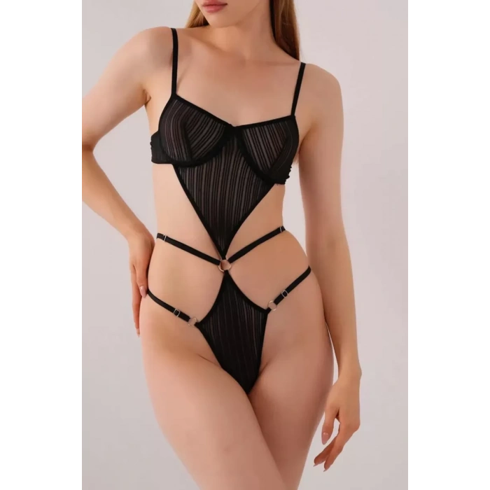 Transparan Siyah Dekolteli Balenli Fantazi İç Giyim Body