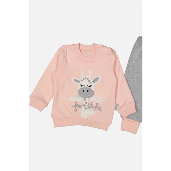 Zürafa Nakışlı % 100 Pamuk Kız Bebek Takımı