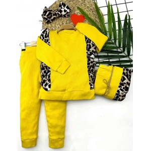 2-3-4-5 Yaş Bandanalı Leopar Baskılı Uzun Kollu 2li Kız Çocuk Takımı Sarı
