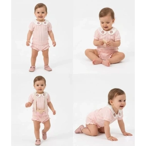 3/12 Ay Çiçekli Yaka Jakar Kumaş Şortlu Bebek Takımı