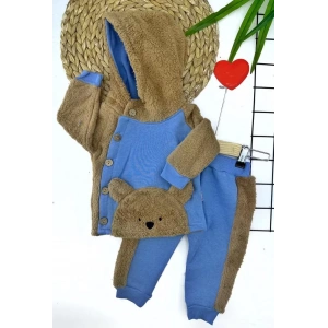 6-12-18-24 Ay Düğme Kapamalı Kapşonlu Ceket Welsoft Detaylı 2li Erkek Bebek Takımı Mavi