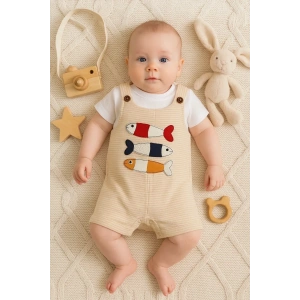 Balık Nakışlı Kısa Kollu Erkek Bebek Tulumu