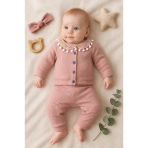 Çiçek Nakışlı Düşmeli Bandanalı Kız Bebek Takımı