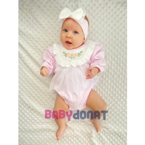 Çiçek Nakışlı Tüllü Bandanalı Kız Bebek Romper