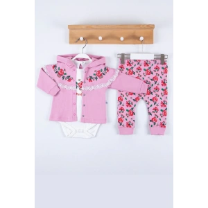 Flover Nakışlı Hırkalı % 100 Pamuk 3lü Kız Takım