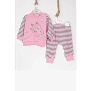 Kelebekli Çiçek Nakışlı Pamuklu 2li Kız Bebek Takımı