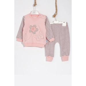 Kelebekli Çiçek Nakışlı Pamuklu 2li Kız Bebek Takımı