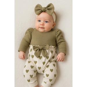 Kız Bebek Kalp Desenli Waffle Bandanalı 2li Tulum