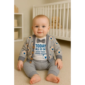 Papyonlu Bear Çizgili Model Ceketli 3lü Erkek Bebek Takımı