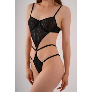 Transparan Siyah Dekolteli Balenli Fantazi İç Giyim Body