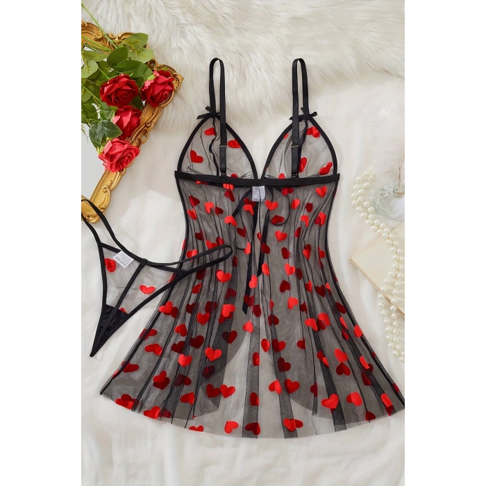 Kalp Desenli Siyah Transparan Gecelik Brf1378