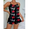 Aşk Temalı Kalp Desenli Siyah Saten Şortlu Gecelik Takım