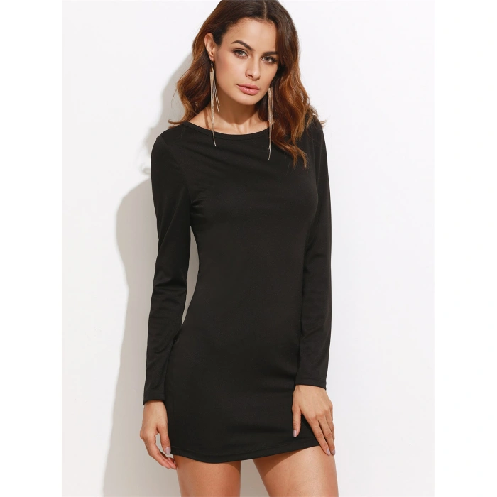 B101321 Sırt Dekolteli Uzun Kollu Mini Elbise