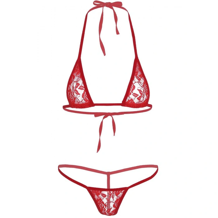 Dantelli Seksi Kadın Fantezi Kırmızı Sütyen String Takımı