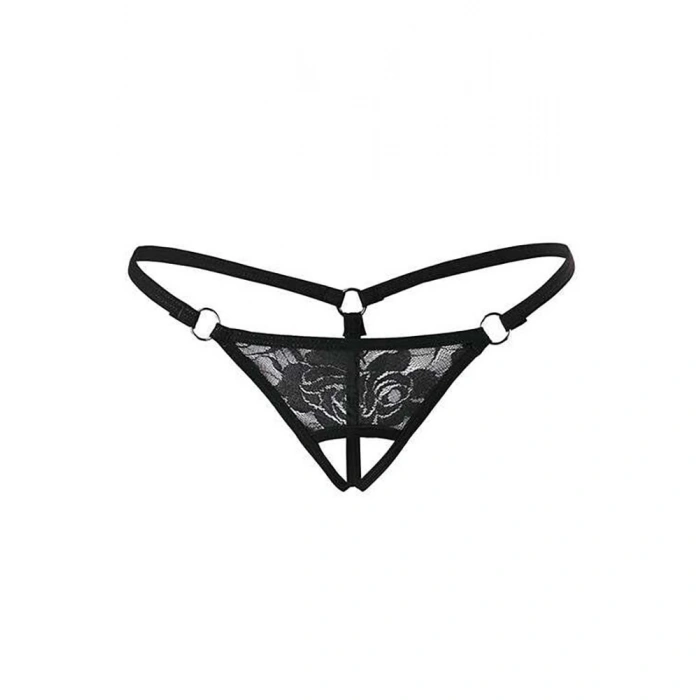 Siyah Dantelli Özel Bölgesi Açık G-string Brf1167
