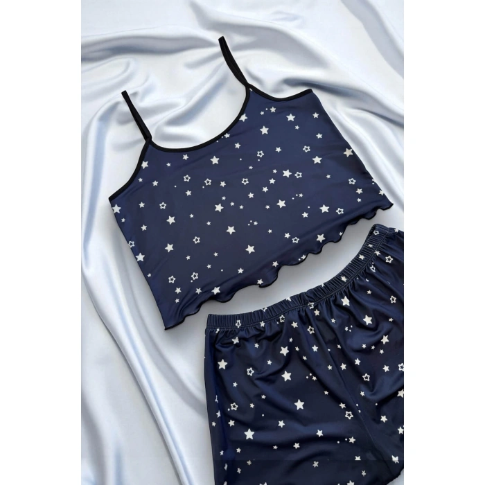 Yıldız Desenli Lacivert Askılı Şortlu Gecelik