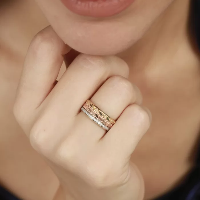 Three Tone Twisted Design Eternity Wedding Ring Set