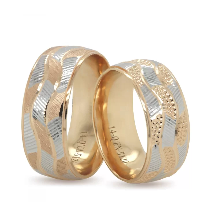 Two Tone Wavy Patterned Dotted Carved Wedding Band For Set