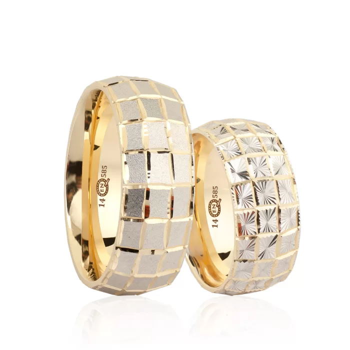 Two Tone Small Square Patterned Wedding Band Set