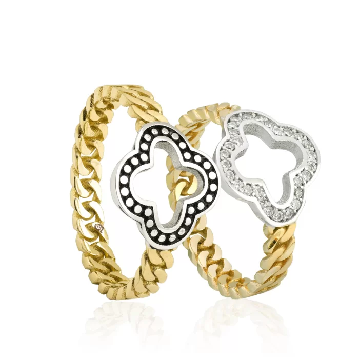 Two Tone Chain Braided Clover Figured Stony Wedding Ring For Women