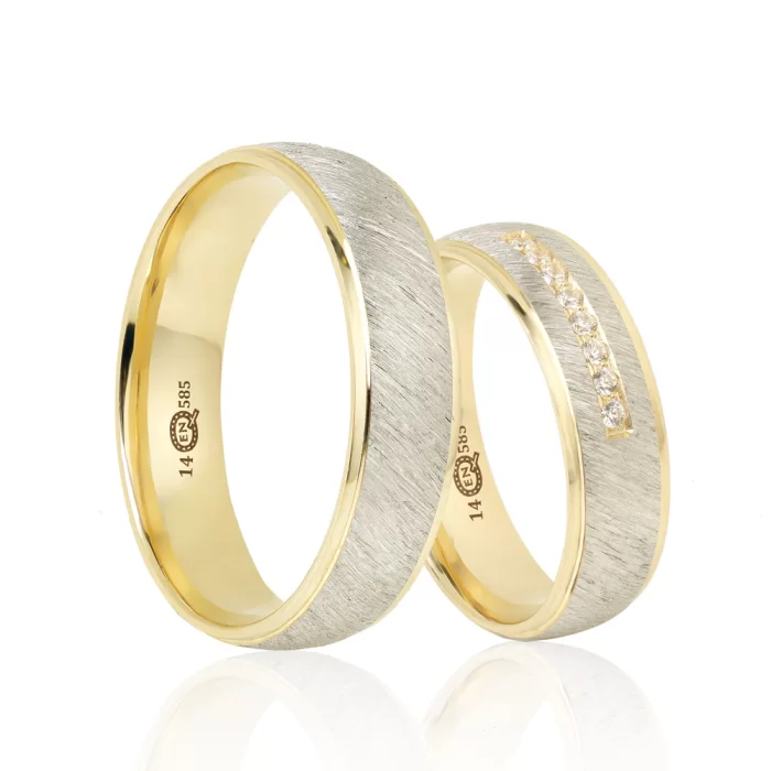 Two Tone White Gold Brushed Stone Embroidered Wedding Ring Set