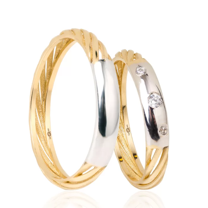 Two Tone White Gold Signet Detailed Twisted Stone Embroidered Wedding Band Set