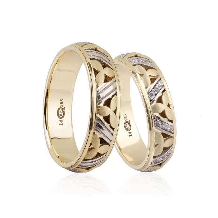 Gold Two Tone Triple Leaf Patterned Wedding Ring Set
