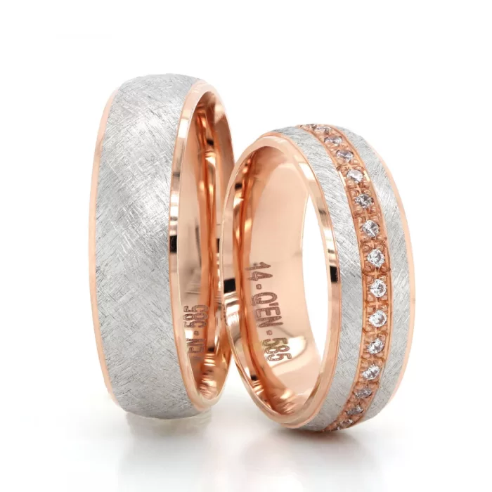 Two Tone Faceted Stone Detailed Wedding Band Set