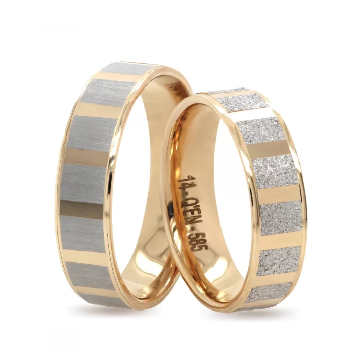 Two Tone White Gold Vertical Striped Wedding Ring Set