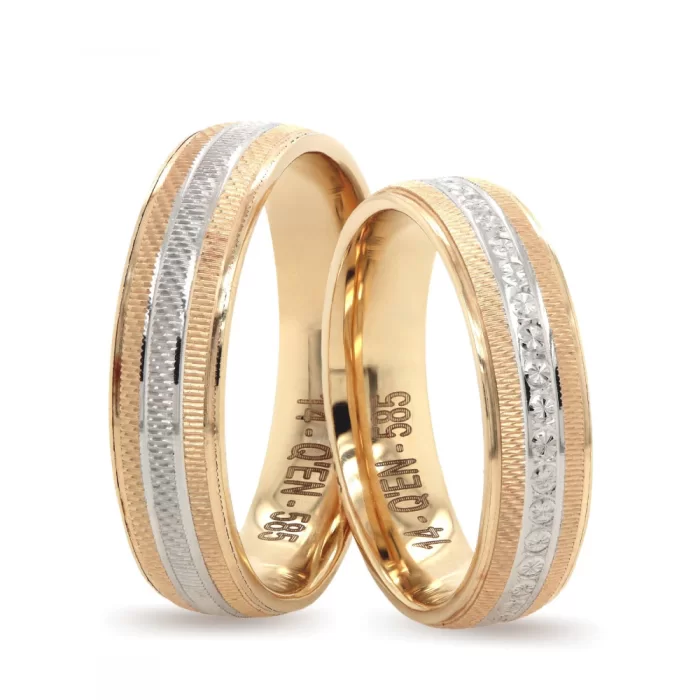 White Gold Striped Two Tone Patterned Wedding Ring Set