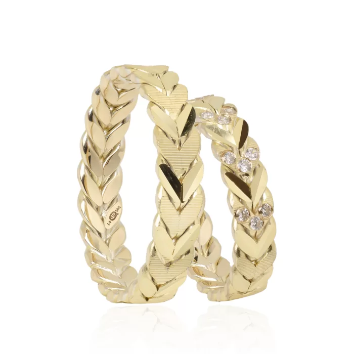 Braided Yellow Gold Stone Embroidered Wedding Band Set