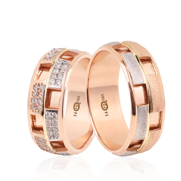 Rose and White Gold Sandblasted Stone Embroidered Wedding Ring Set