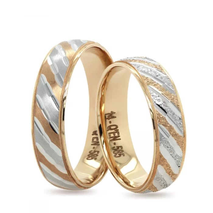 Two Tone White and Yellow Gold Slash Design Sandy Wedding Band For Set