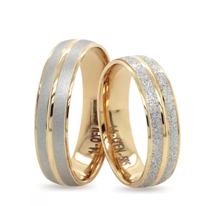 Two Tone Yellow Gold Shiny Striped Sandblasted Wedding Ring Set