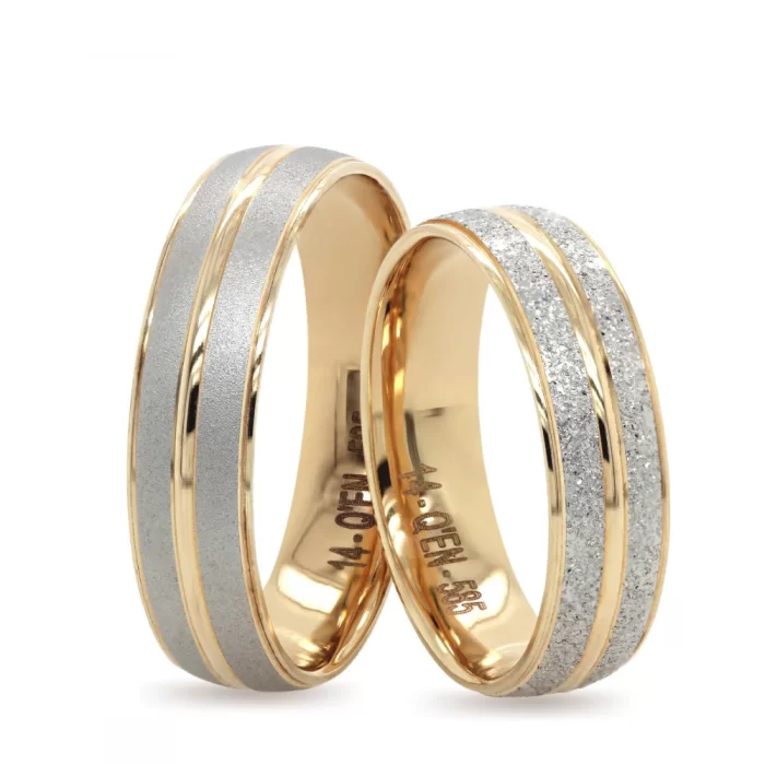 Two Tone Yellow Gold Shiny Striped Sandblasted Wedding Ring For Men