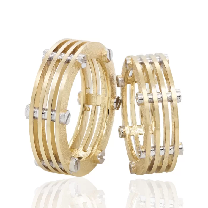 Two Tone Four Layers Screw Detailed Gold Wedding Ring Set