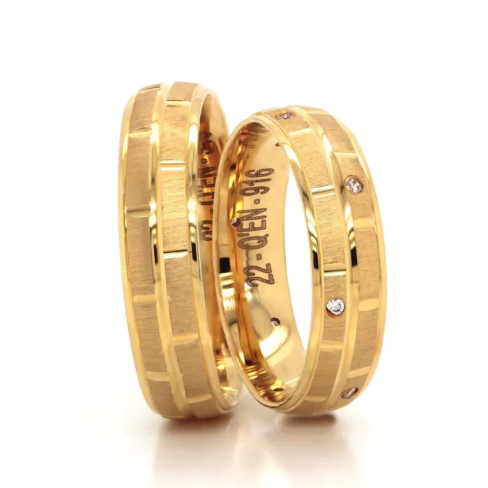 22k Gold Two Row Rectangular Patterned Stony Wedding Ring For Set