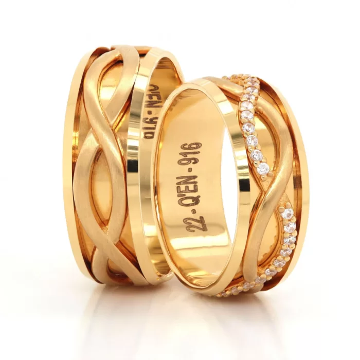 22k Yellow Gold Infinity Striped Stone Embroidered Wedding Ring For Set