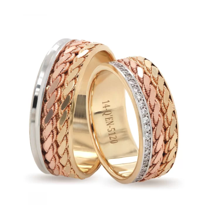 Three Tone Twisted Design Eternity Wedding Ring Set