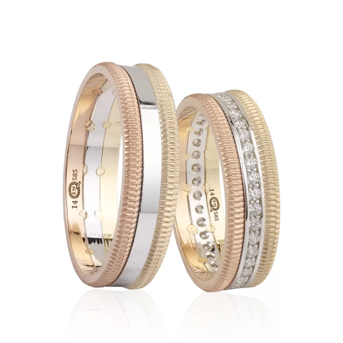 Three Tone White Gold Striped Wedding Band For Men