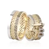 Three Tone Chain Striped Letter Stone Embroidered Wedding Ring Set