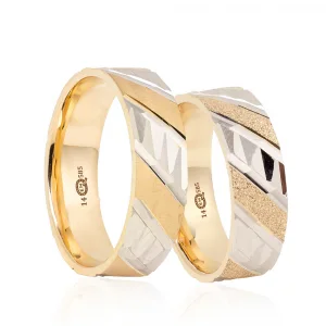 Çift Renkli Çapraz Beyaz Altın Desenli Çift Alyans