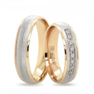 Two Tone Double Yellow Gold Striped Wedding Ring For Set