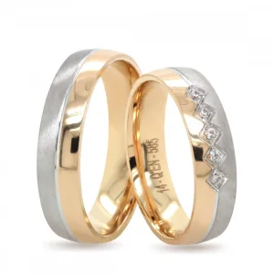 Mat Beyaz Altın Şeritli Çift Renk Taş İşlemeli Çift Alyans