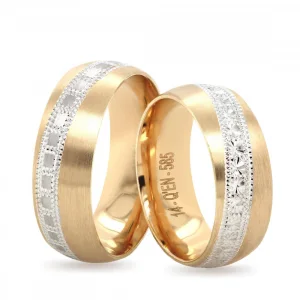 Beyaz Altın Desen Şeritli Çift Alyans