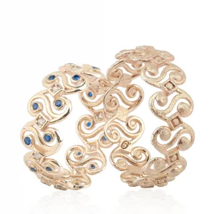 Yellow Gold Custom Design Blue Stone Embroidered Wedding Ring For Women