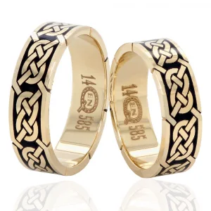 Yellow Gold Patterned Enamel Engagement Ring Set