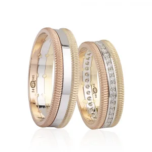 Üç Renkli Beyaz Altın Şeritli Tamtur Kadın Alyans